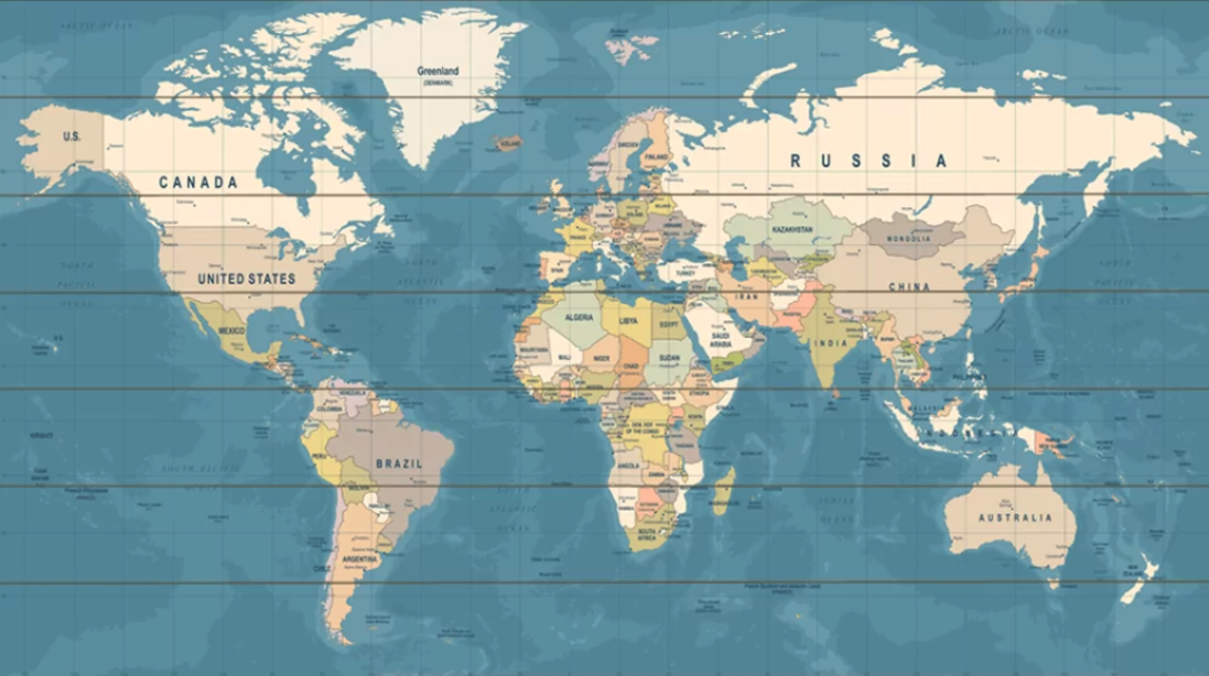 wereldkaart op hout met koperen pins of vlaggetjes sea realistisch