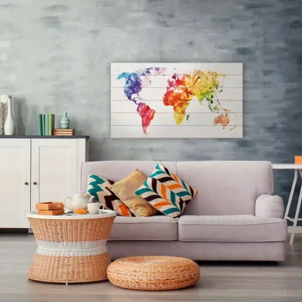 wereldkaart aquarel | woodprint.nl