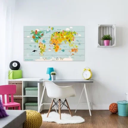 Houten Wereldkaart Dieren woodprint