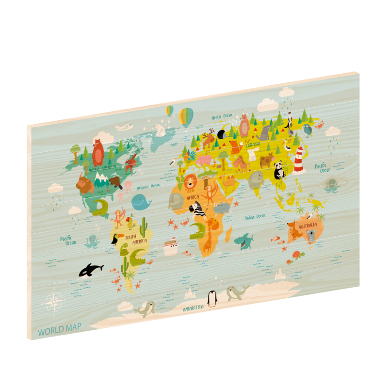 Houten Wereldkaart Dieren woodprint