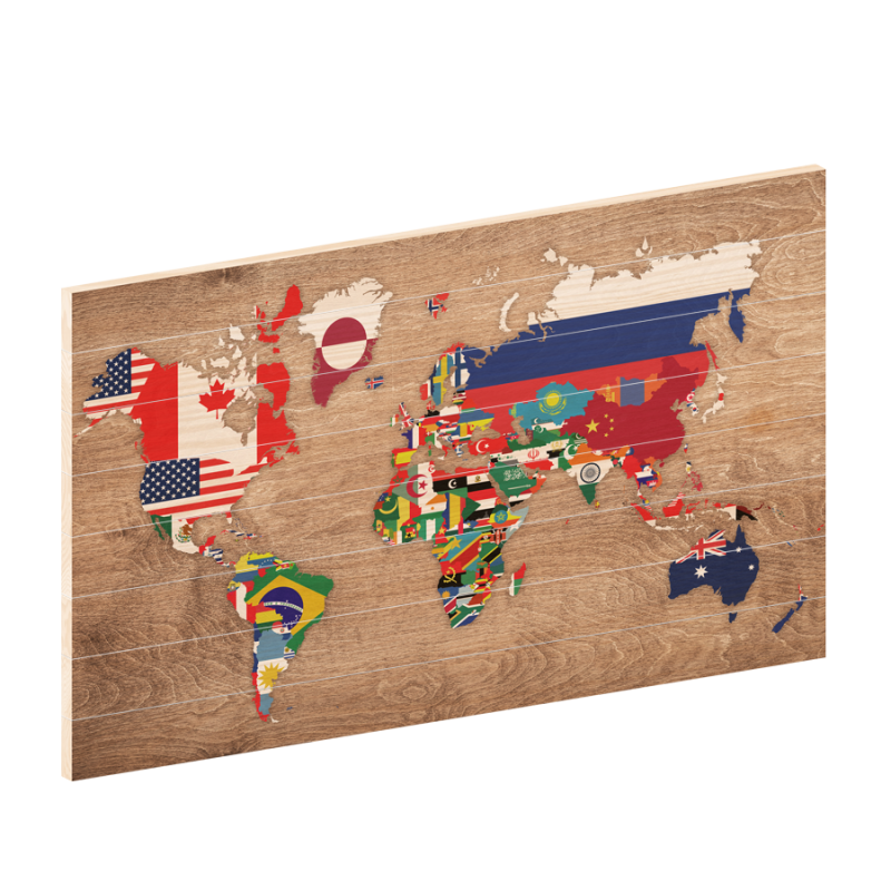Houten Wereldkaart Flags woodprint
