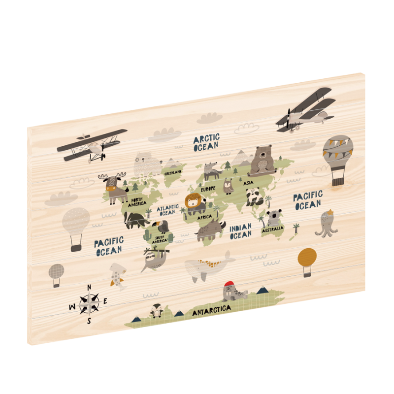 Wereldkaart Kids Groen | Houten wereldkaart | wereldkaart op hout | woodprint.nl