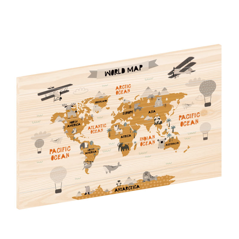 Wereldkaart Kids Sepia | Houten wereldkaart | wereldkaart op hout | woodprint.nl