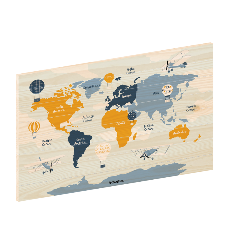 Wereldkaart Kids Vrolijk | Houten wereldkaart | wereldkaart op hout | woodprint.nl