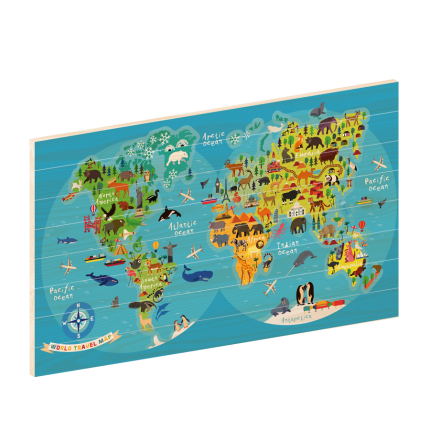 Wereldkaart Klassiek Kids| Houten wereldkaart | wereldkaart op hout | woodprint.nl