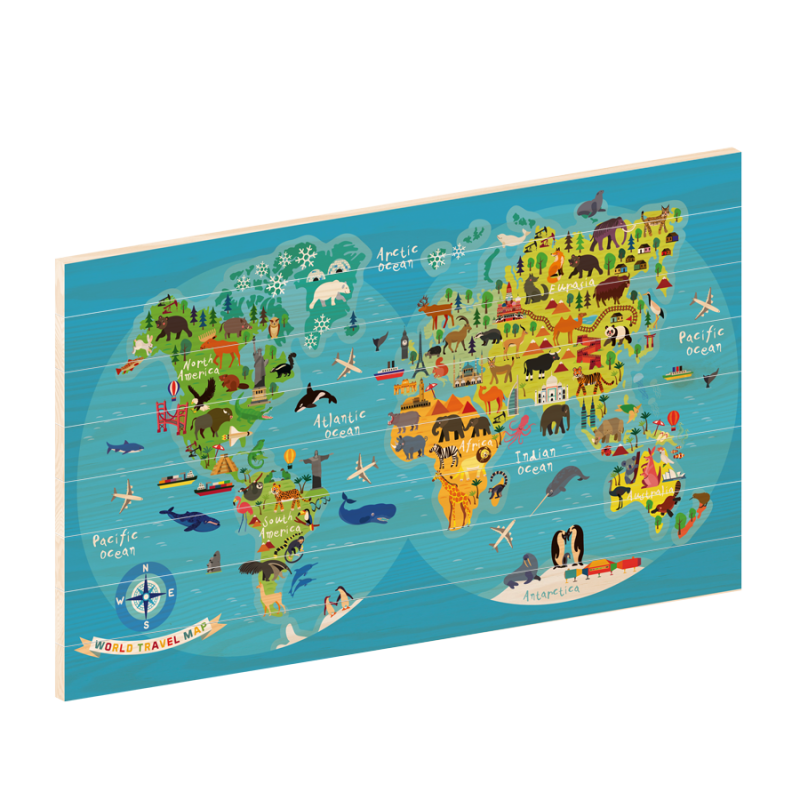 Wereldkaart Klassiek Kids| Houten wereldkaart | wereldkaart op hout | woodprint.nl