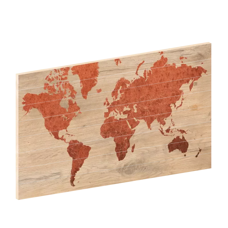 Wereldkaart Koper | Houten wereldkaart | wereldkaart op hout | woodprint.nl