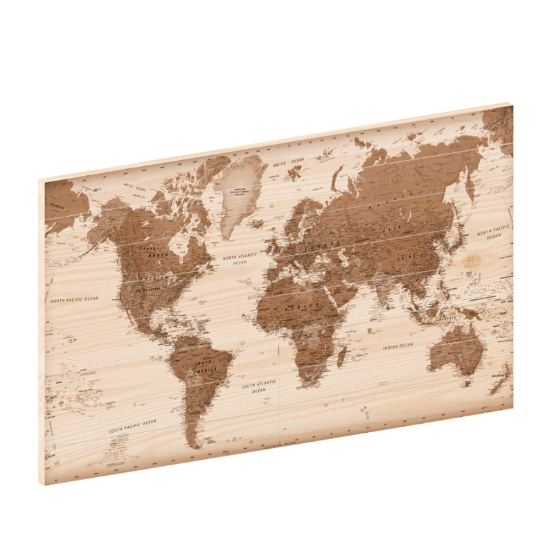 Wereldkaart Modern Sepia | Houten wereldkaart | wereldkaart op hout | woodprint.nl