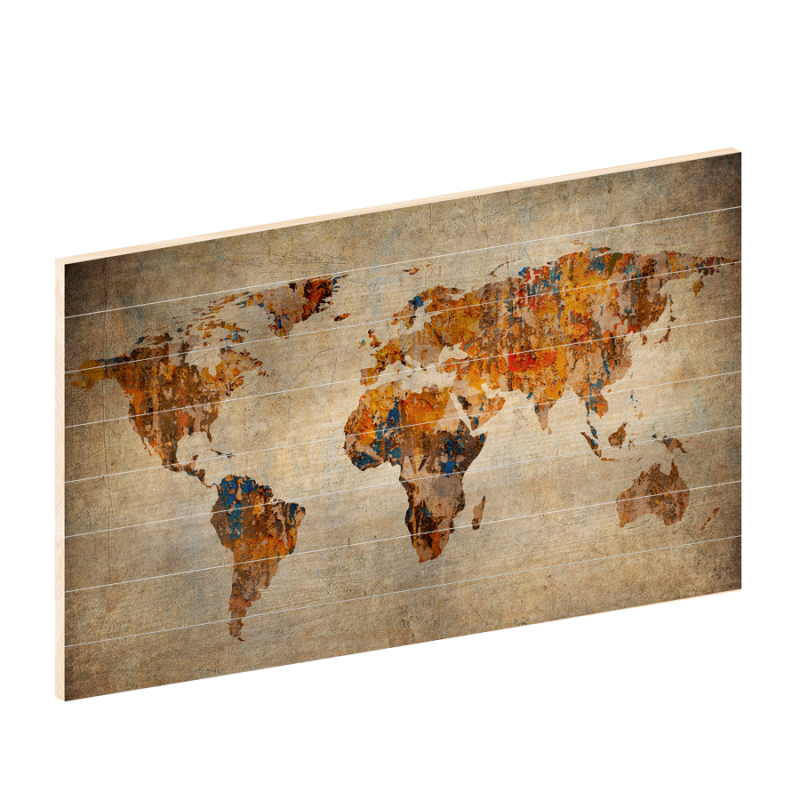 Wereldkaart Roest | Houten wereldkaart | wereldkaart op hout | woodprint.nl