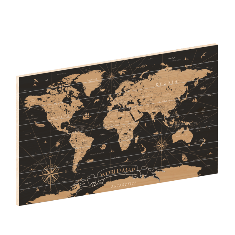Wereldkaart World Map - houten wereldkaart - wereldkaart op hout - houtprint
