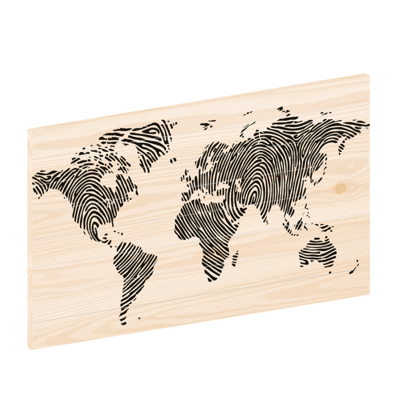 Wereldkaart Vingerafdruk - fingerprint - houten wereldkaart - wereldkaart op hout - houtprint